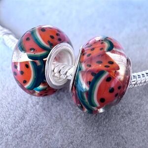 2 Pcs Watermelon Fruit Charm Set Red Green fits PANDORA